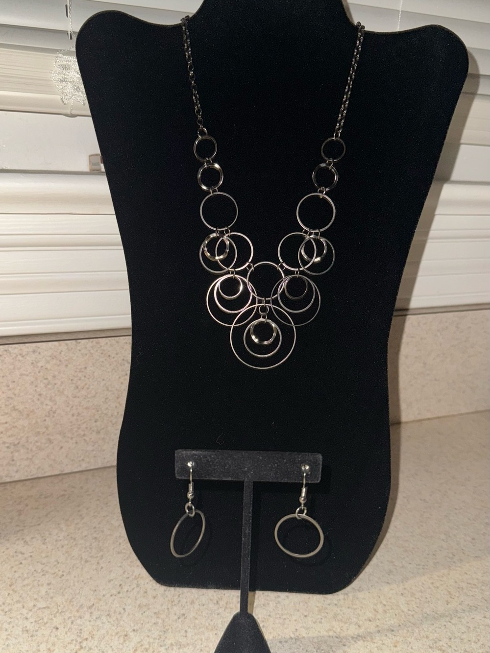Silver Multi-Ring Statement Necklace & Earring Set